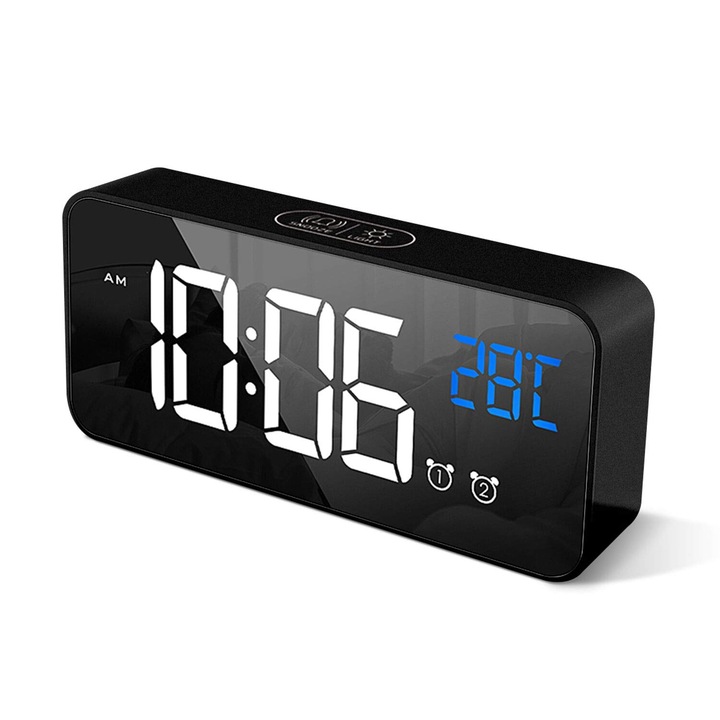 Ceas desteptator digital, LED mare, dual alarma, reglaj luminozitate, USB, oglinda, 13 melodii