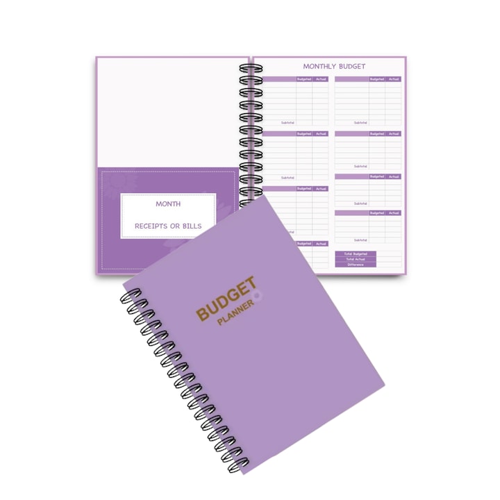 Agenda planificator pentru buget, nedatata, cu spirala si coperta din carton solid, tip jurnal bullet financiar anual, cu buzunare pentru facturi, mov, 24 x 18 cm, 112 pagini