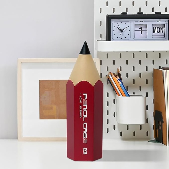 Suport depozitare pixuri si instrumente de scris, organizator pentru articole birou cu aspect modern in forma de creion, estetic, design minimalist, 30 x 20 x 9 cm, rosu