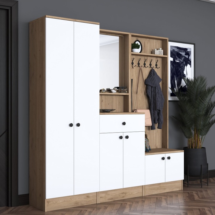 Cuier hol cu dulap Model Hood, Alb/Nuc, 179.4x35.5x182.8x cm