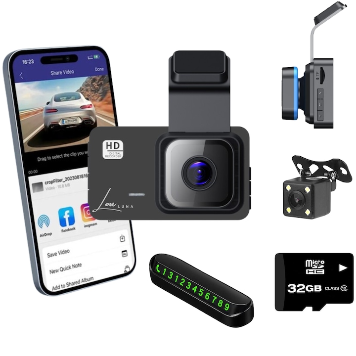 Камера за автомобил LouLuna Wifi, GPS, Full HD 4K, 1080 P, включена 32 GB карта, Запис отпред, отзад, 170° ъгъл, LCD екран, G-сензор, Нощно виждане, Сензор за движение, LED индикатор , черен