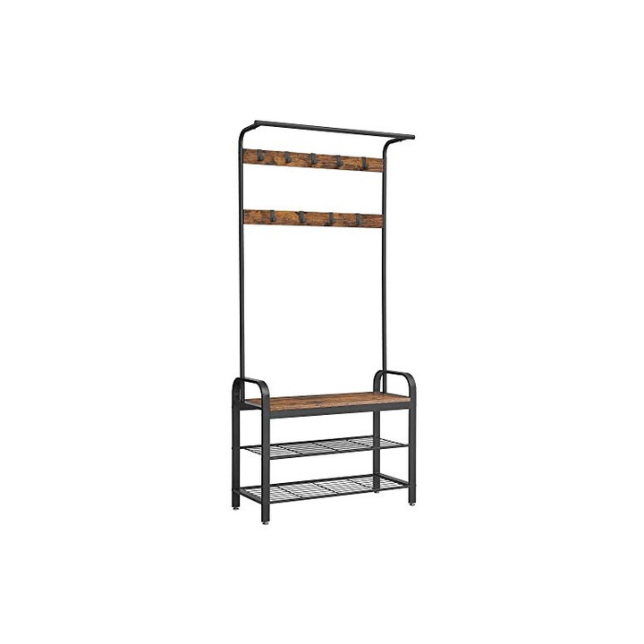 Cuier cu bancuta si suport pantofi Model Felix, Maro Rustic/Negru, 33.7x84x183 cm