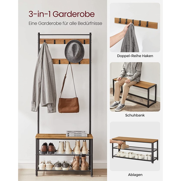 Cuier cu bancuta si suport pantofi Model Glenn, Maro Rustic/Negru, 70x32.5x175 cm