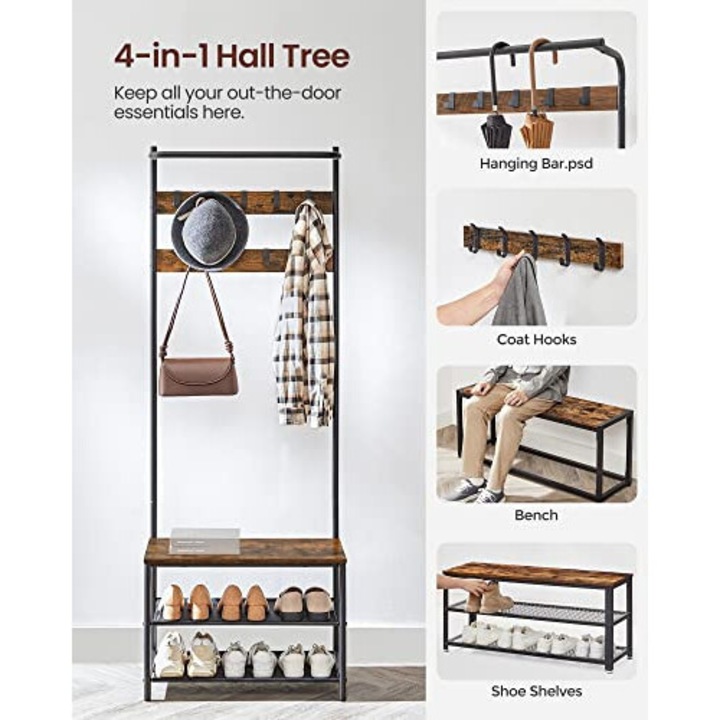 Cuier cu bancuta si suport pantofi Model Sparks, Maro Rustic/Negru, 64x32.2x180 cm