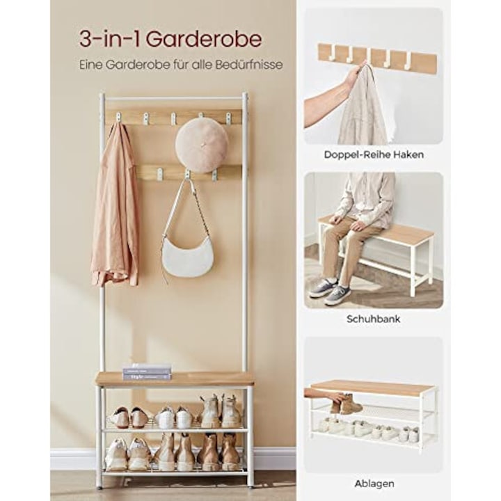 Cuier cu bancuta si suport pantofi Model Hobbs, Alb/Natur, 70×32×175 cm