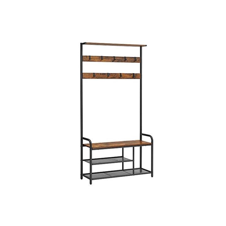 Cuier cu bancuta si suport pantofi Model Benjamin, Maro Rustic/Negru, 85x30x180.5 cm