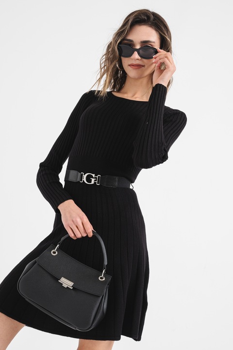 GUESS, Rochie evazata striata din tricot, Negru stins, L