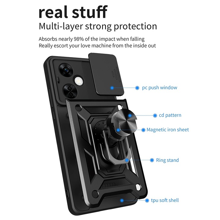 Калъф за OnePlus Nord CE 3 Lite с Ring Armor Kickstand Tough Rugged със защита на камерата (черен)