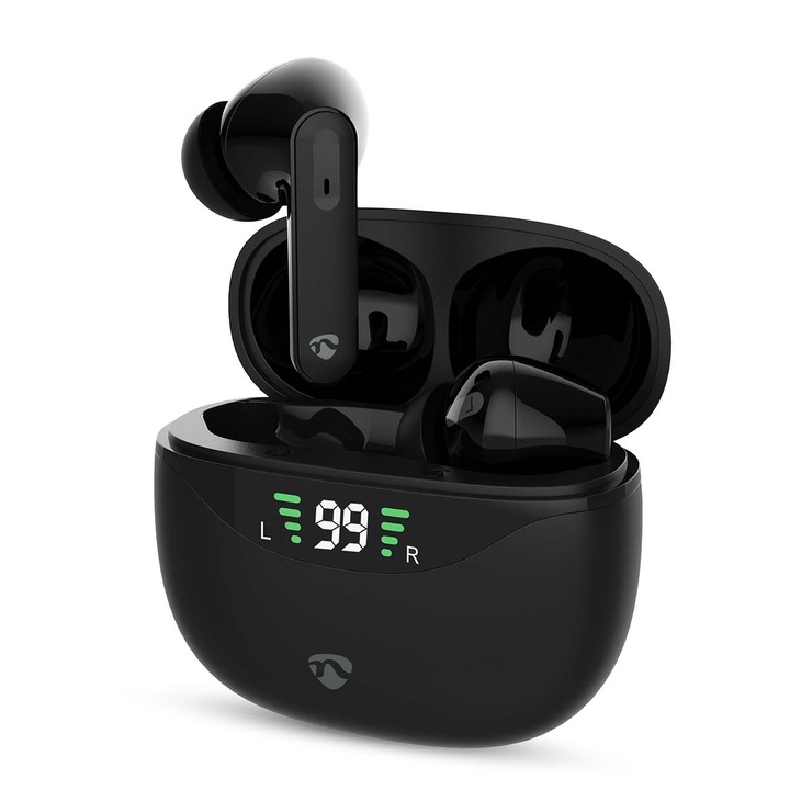 Teljesen vezeték nélküli fülhallgató, Nedis, ANC (Active Noise Cancelling), Bluetooth, Max. működési idő: 30 óra, Érintés Vezérlés, Töltő tok, Beépített mikrofon, Hangvezérlés támogatás, Fekete