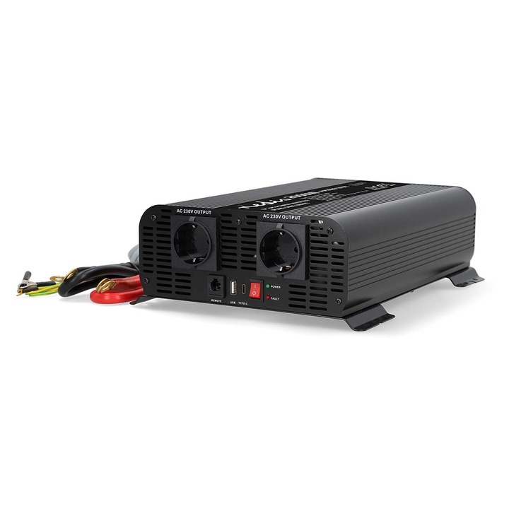 Inverter, Nedis, tiszta szinuszos, 2000W, kimenő csúcs teljesítmény: 4000W, 12V DC bemenet, 2x 230V AC 50Hz + 1xUSB-C + 1xUSB-A kiement, akkumulátorsaruk, vezetékes távirányító, fekete