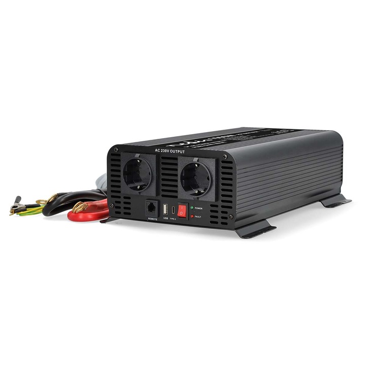 Inverter, Nedis, tiszta szinuszos, 1000W, kimenő csúcs teljesítmény: 2000W, 12V DC bemenet, 2x 230V AC 50Hz + 1xUSB-C + 1xUSB-A kiement, akkumulátorsaruk, vezetékes távirányító, fekete