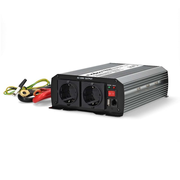 Inverter, Nedis, módosított szinuszhullám, 1000W, kimenő csúcs teljesítmény: 2000W, 12V DC bement, 2x 230V AC 50Hz és 1x USB-A kimenet, akkumulátorsaruk, ezüst
