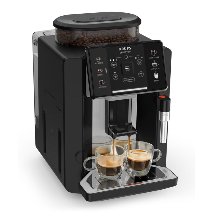 Espressor automat Krups Sensation EA910A10, 1450W, 5 retete, ecran tactil, presiune 15 bari, capacitate rezervor cafea 260g, duza de abur, 1450 W, Sistem Thermoblock Compact, negru & argintiu