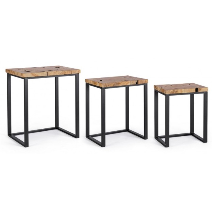 Комплект от 3 маси от естествено дърво и черна стомана Elwood 37x29x47 см, 43x33x53 см, 53x37x60 см