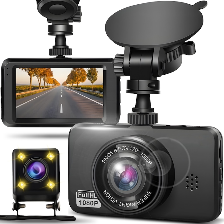 Видеорегистратор Retoo, Двоен, 1080p, сензор Sony IMX323, F/1.8, 170°, HDR режим, паркиране и нощ, G-сензор, 3" LCD дисплей, черен
