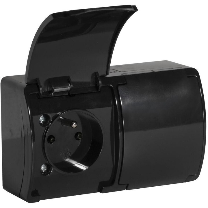 Двоен контакт за външен монтаж със заземяване, с капак VIPLAST KOALA BLACK IP44 162-05