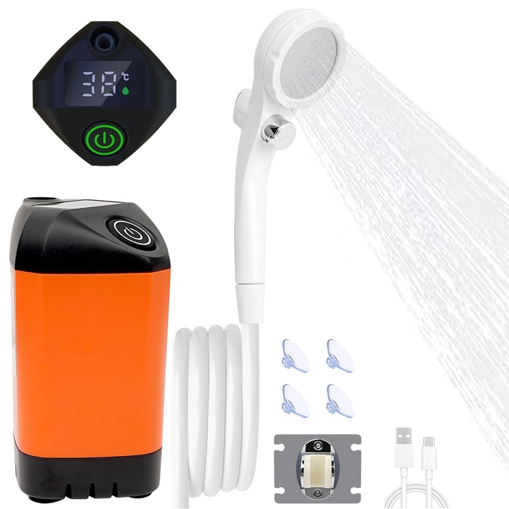 Външен къмпинг душ, 7800mAh външна лагерна душ помпа, акумулаторна електрическа душ помпа с интелигентен цифров дисплей, захранвана от акумулаторна батерия за къмпинг, туризъм, пътуване, WALALLA, многоцветен