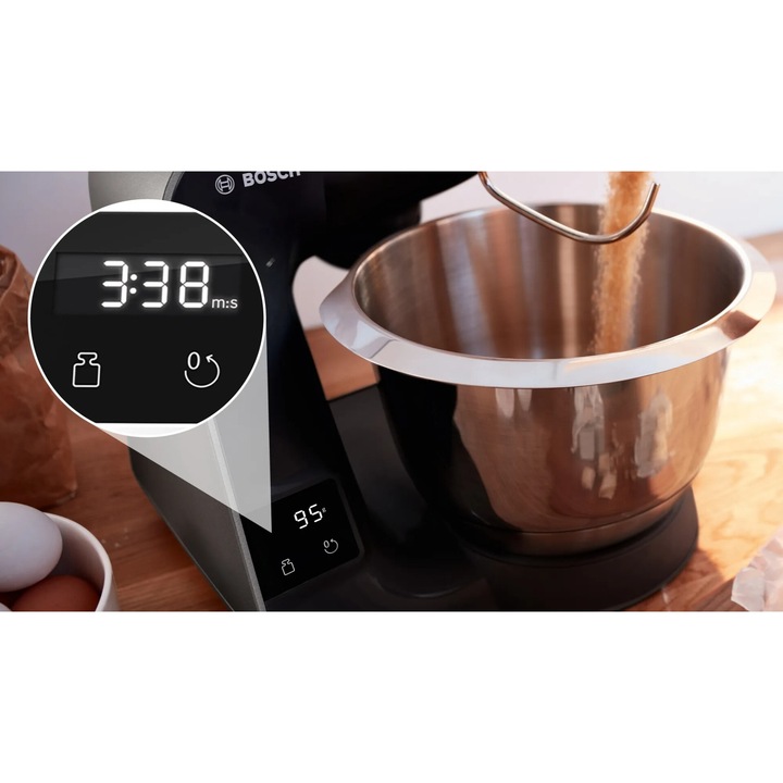 Robot de bucatarie cu cantar, Bosch, MUM5XC4E, Seria 4, 1000 W, 3,9 l, 7 nivele, Negru-Inox-Transparent