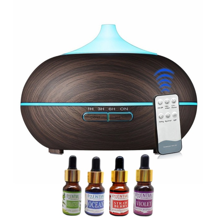 Umidificator, purificator aer, difuzor aromaterapie, ultrasunete, 4 sticlute ulei aroma, rezervor 500ml Wenge Kardett
