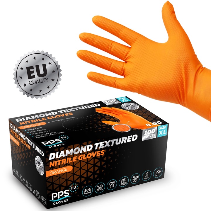Manusi nitril PPS DIAMOND GRIP 100 BUC, marimea XL, 8 gr, texturate diamant, groase si rezistente la substante chimice, potrivite pentru Service Auto si Industrie