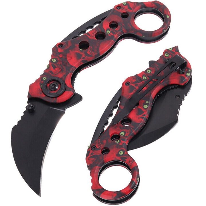 Cutit Karambit Profesional, Lama Inox, Design Tactical, Autoaparare, Rosu, 18 Cm, dalimag