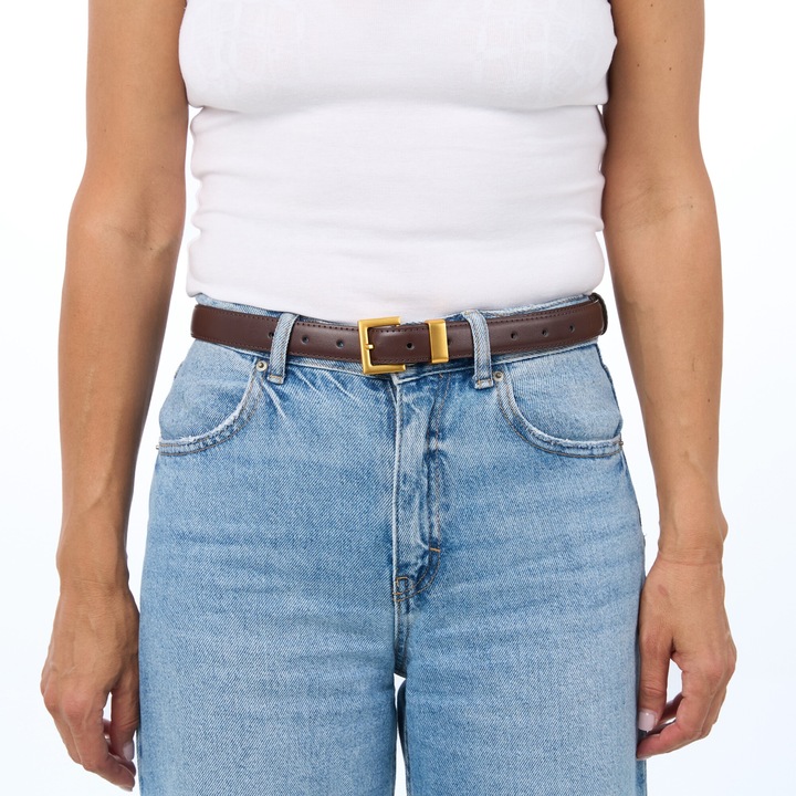 Curea pentru dama, JOLAR. eleganta din piele naturala cu cusutura, catarama clasica aurie, 104 cm BZ-46DKBN Maro inchis