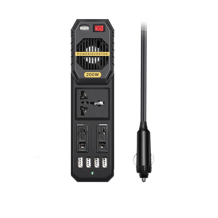 Автомобилен инвертор на напрежението, Dc/Ac 12V/220V, EU/UK/USA/AU адаптер, 4xUSB 2.1, черен