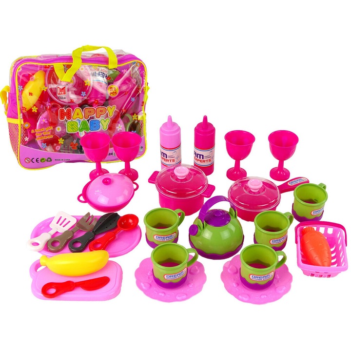 Set de Bucatarie pentru Copii LEAN TOYS, 31 Piese, Roz, in Geanta Transparenta, 3+ ani
