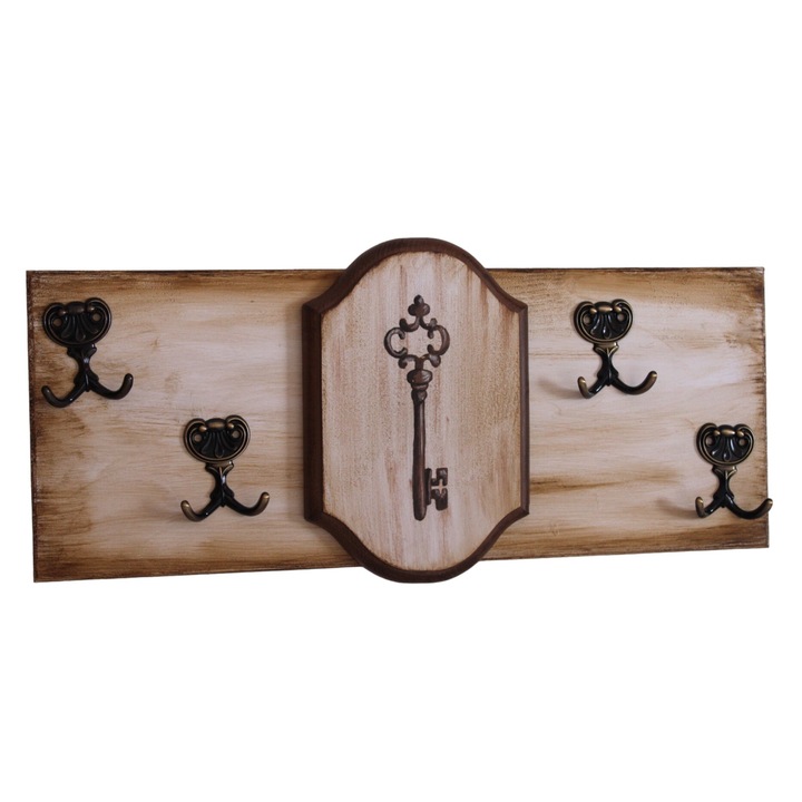 Suport pentru chei, din lemn, pictat manual 8 agatatori, 20 x 50 cm