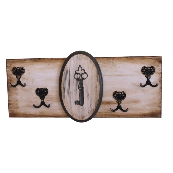 Suport pentru chei, din lemn, 8 agatatatori, pictat manual, 20 x 50 cm