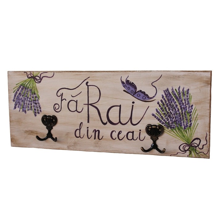 Suport din lemn pentru chei, pictat manual, Lavanda, 4 agatatori, 20 x 50 cm
