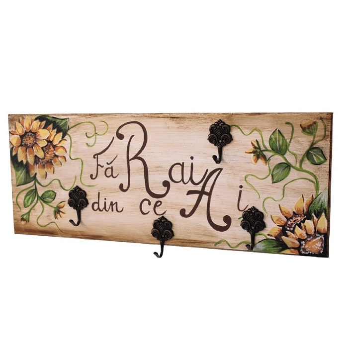 Suport floarea soarelui pentru chei, din lemn, pictat manual, 4 agatatori, 20 x 50 cm