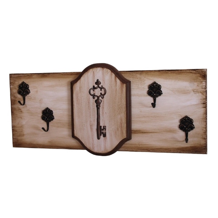 Suport pentru chei, pictat manual, din lemn, 4 agatatori, 20 x 50 cm