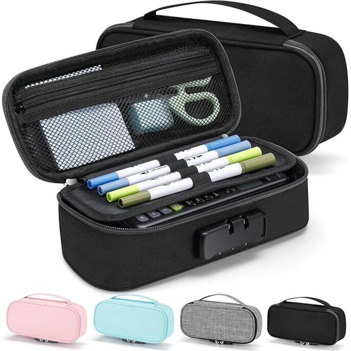 Penar multifunctional cu lacat, 3 compartimente, negru, 23x9.5x5.8cm