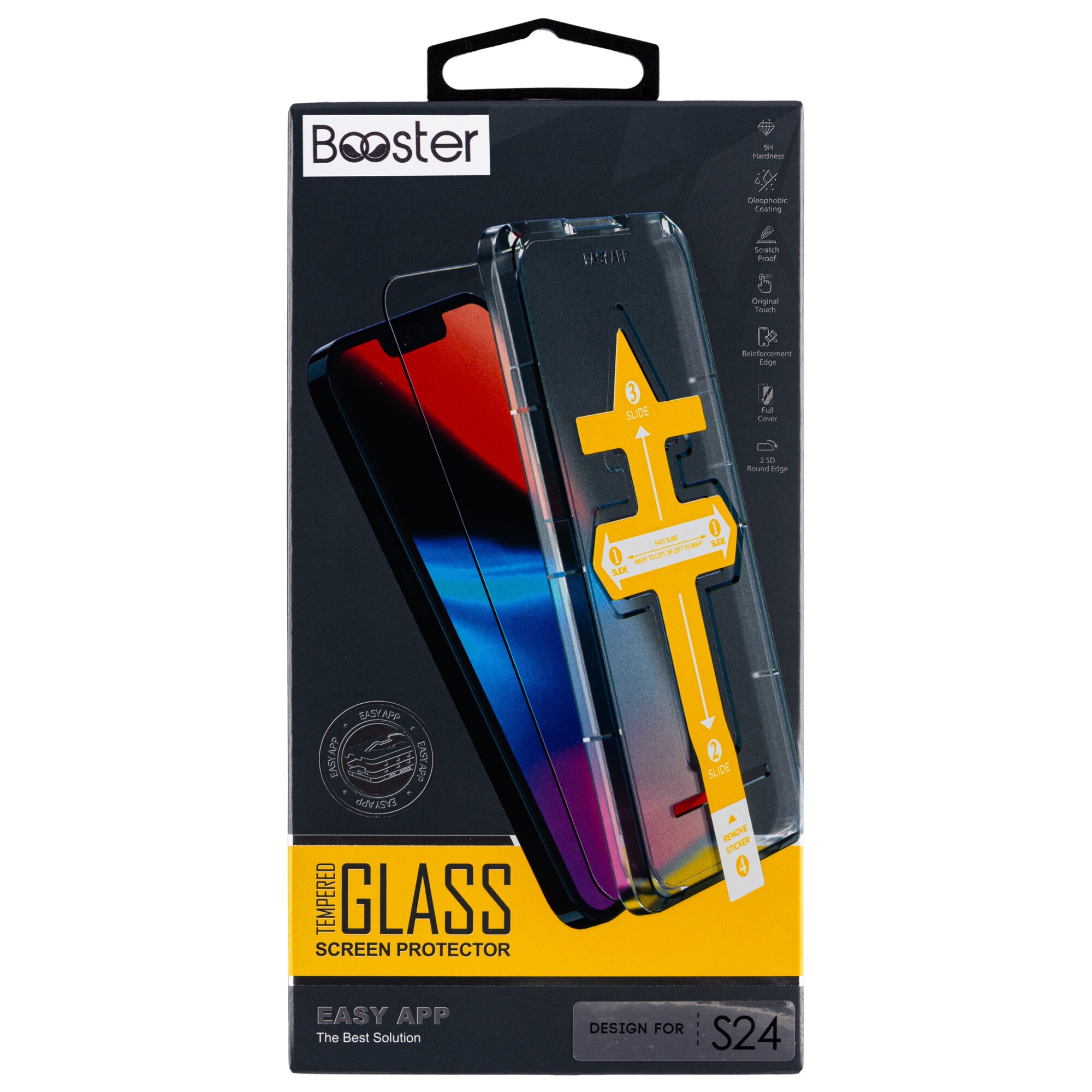 Folie sticla Booster, Clear, compatibila cu Samsung S24, instalare rapida via dispozitiv special, Full Glue, securizata, duritate militara, Ultra HD, sticla profesionala, anti zgarieturi, anti socuri, margini negre, kit si racleta incluse, Easy App