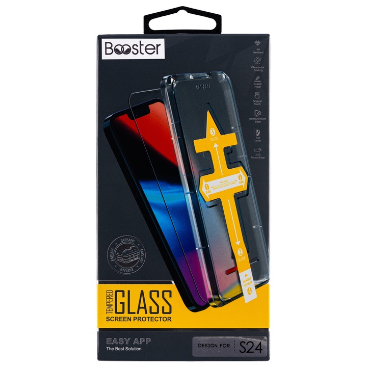 Folie sticla Booster, Clear, compatibila cu Samsung S24, instalare rapida via dispozitiv special, Full Glue, securizata, duritate militara, Ultra HD, sticla profesionala, anti zgarieturi, anti socuri, margini negre, kit si racleta incluse, Easy App