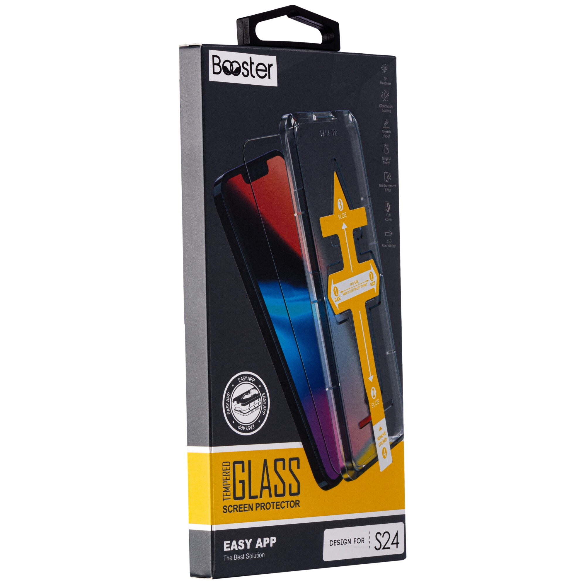 Folie sticla Booster, Clear, compatibila cu Samsung S24, instalare rapida via dispozitiv special, Full Glue, securizata, duritate militara, Ultra HD, sticla profesionala, anti zgarieturi, anti socuri, margini negre, kit si racleta incluse, Easy App