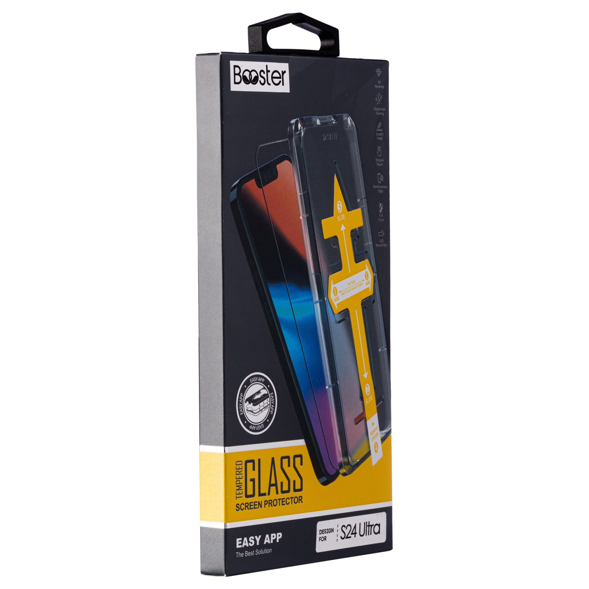 Folie sticla Booster, Clear, compatibila cu Samsung S24 Ultra, instalare rapida via dispozitiv special, Full Glue, securizata, duritate militara, Ultra HD, sticla profesionala, anti zgarieturi, anti socuri, margini negre, kit si racleta incluse, Easy App