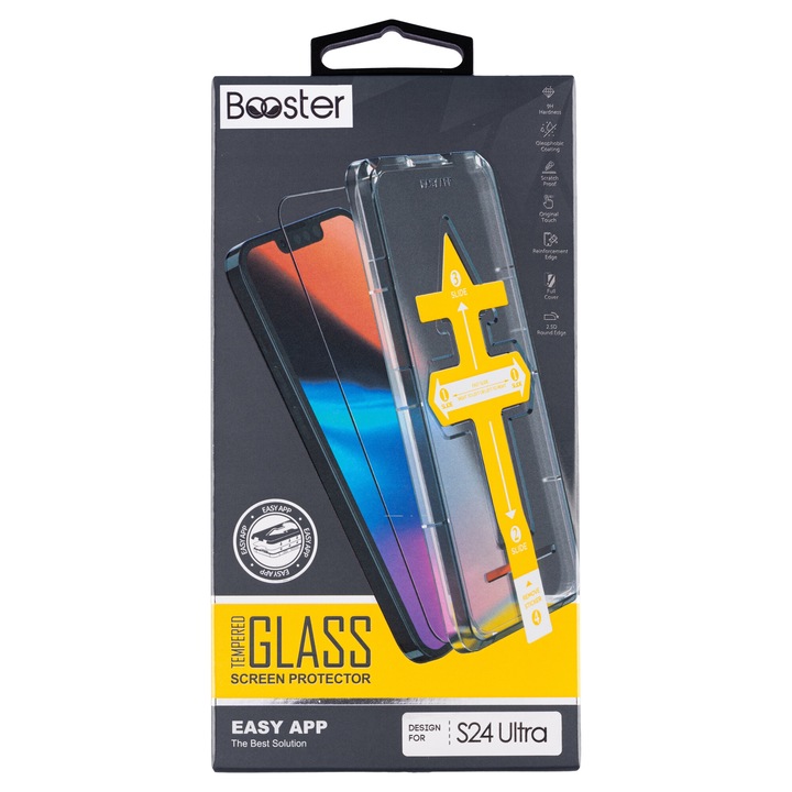 Стъклен протектор, съвместим със Samsung S24 Ultra, монтаж чрез специално устройство, Full Glue, Военна твърдост, Ultra HD, Професионално стъкло, Против надраскване и удари, черни ръбове, със скрепер, Easy App, Прозрачен
