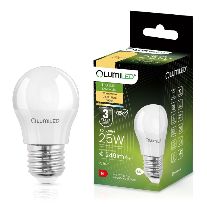 Bec LED Clasic, Lumiled, 25W, Lumina Calda, 3000K, E27, 8 x 4.5 cm, Clasa energetica G