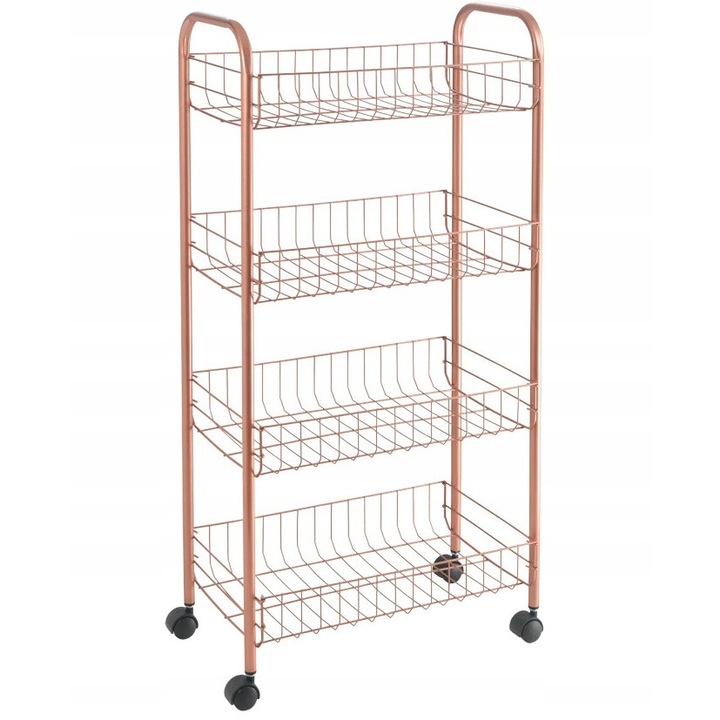 Rafturi pe roti, carucior de bucatarie mobil, 4 metalice Etajera, pentru baie, Cupru, 84x41x23 cm Metaltex