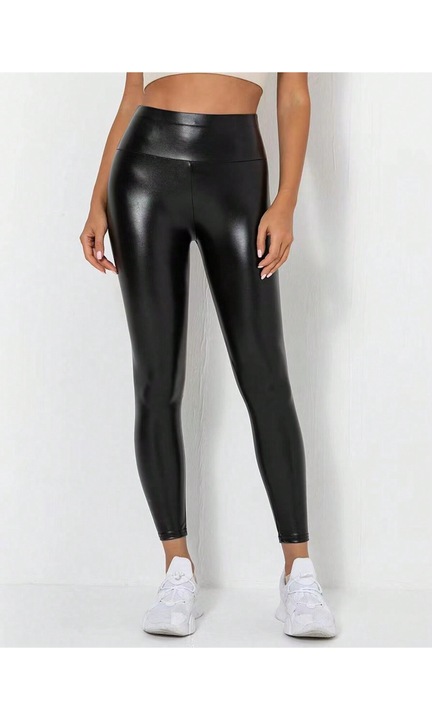 Colanti Sport Din Piele Sintetica Elastici, Cu Talie Inalta Si Captuseala, Negru, S