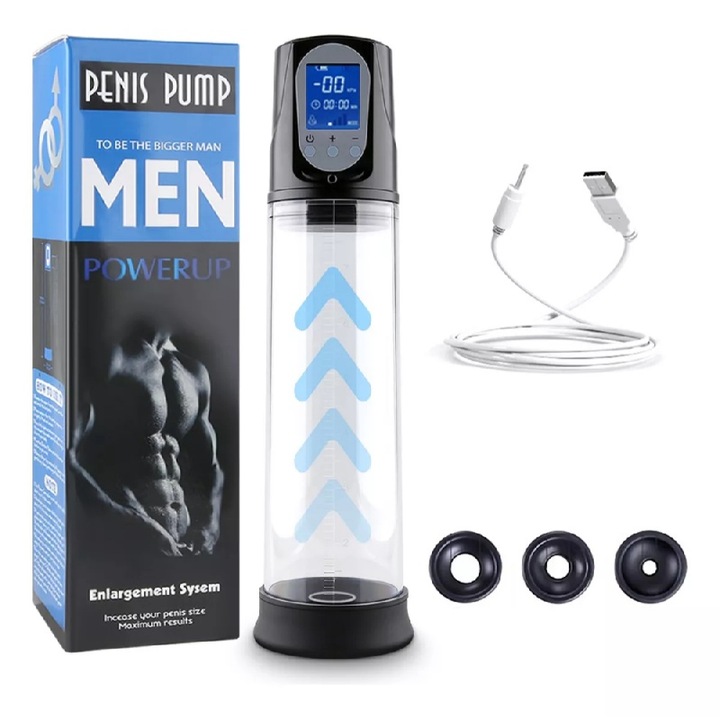 Set Amplificator Penis cu Vacuum Electric, Masturbator, Masaj, Multifrecventa, Rezistent la Apa, USB, 6cm