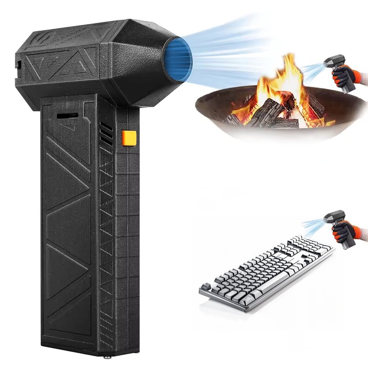 Преносим вентилатор, мини, турбо, черен, 130000 RPM, 52 M/s въздушна скорост, 3 нива на мощност, професионален, 180W, 3000 mAh батерия, кола, компютър, фризьорство, листа, прах, вода, високо налягане , клавиатура