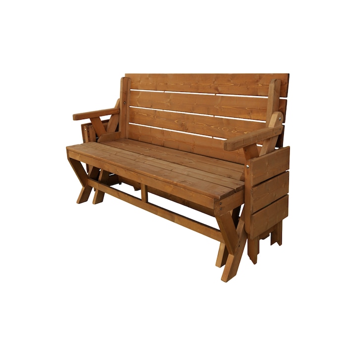 Set Banca Transformabila in Masa Picnic si 2 Scaune Pliante Montana, 2 in 1, Transilvan, Lemn Masiv, 4+2 Persoane, 134x137x72cm, Stejar Auriu