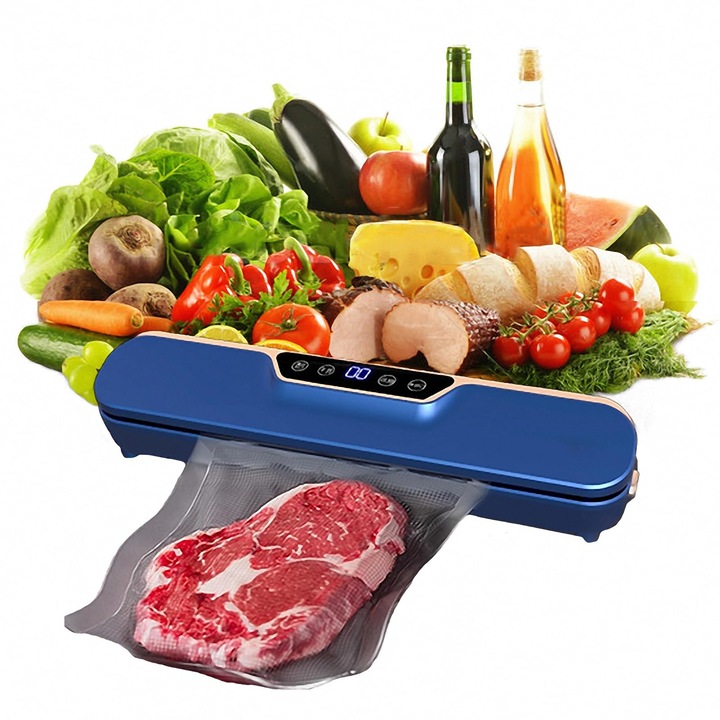 Уред за вакуумиране KindBC Home Vacuum Sealer, 25cm, Напълно автоматични сензорни бутони, Машина за вакуумно уплътняване, Включва 10 вакуумни торбички, Син