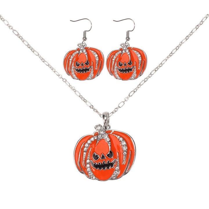 Set colier si cercei de Halloween, Model dovleac, Portocaliu