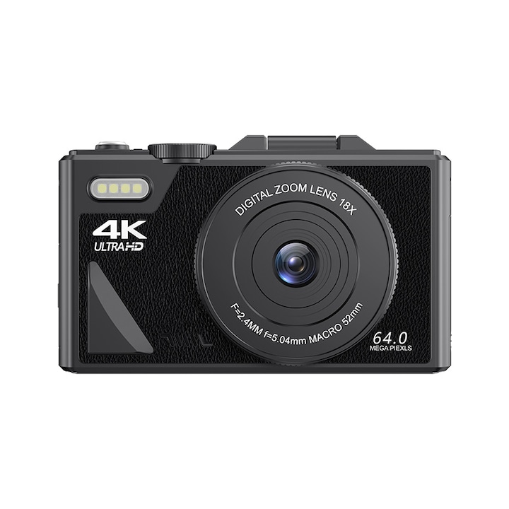 Digitális fényképezőgép, 64 megapixeles HD, 18x digitális zoom, beépített vaku, 3,0 hüvelykes képernyő, többnyelvű dizájn, USB töltés, hosszú élettartam, fekete