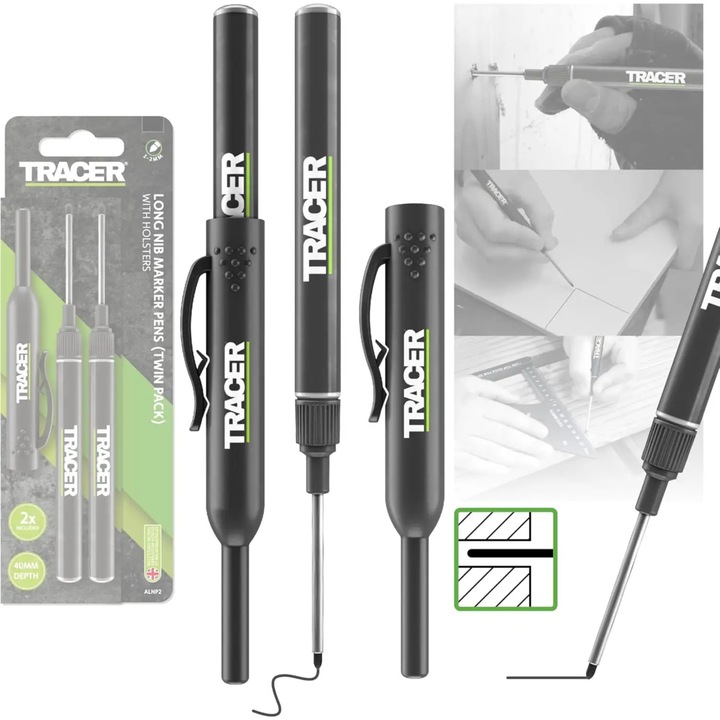 TRACER ALNP2 set 2 markere permanente varf lung + husa - marcare in gauri adanci - pentru dulgheri/tamplari, DIY si profesionisti in constructii