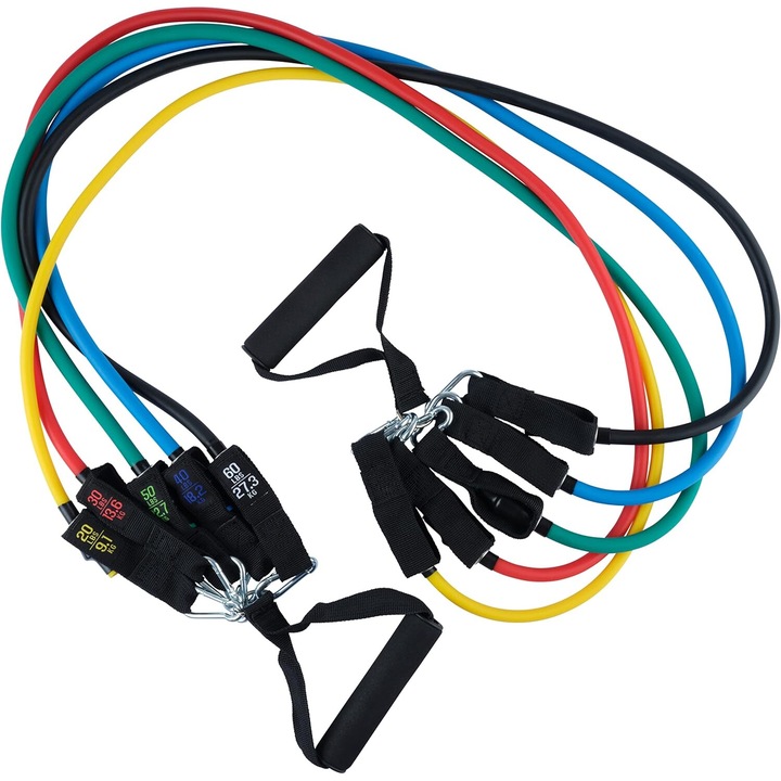 Set antrenament extensor cu 5 benzi tubulare elastice, Manere, Curele pentru glezne si un saculet de transport, pentru antrenament fitness, exercitii fizice, recuperare, sala, yoga, pilates, 150 lbs